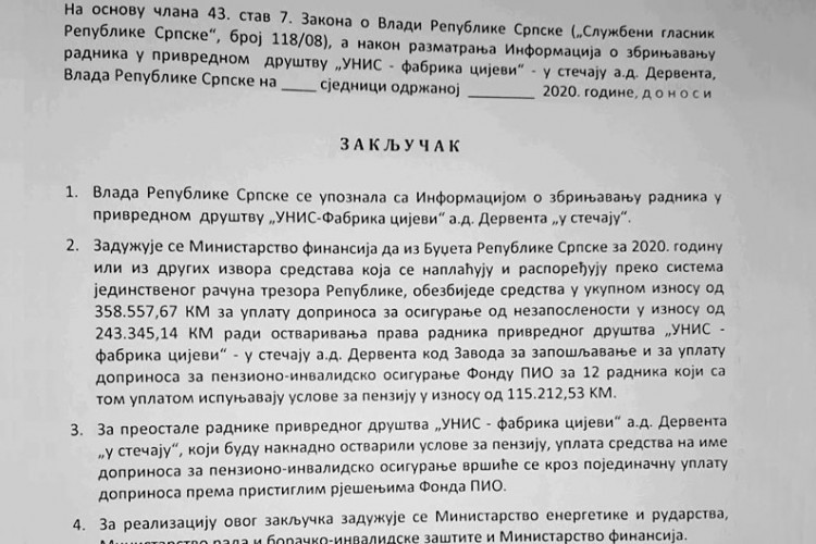 Радници "Униса" добили битку, Влада одобрила 360.000 КМ за социјално збрињавање