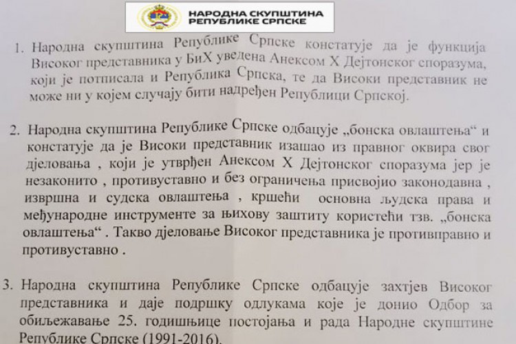 НС РС констатује да Високи представник не може ни у којем случају бити надређен Републици Српској