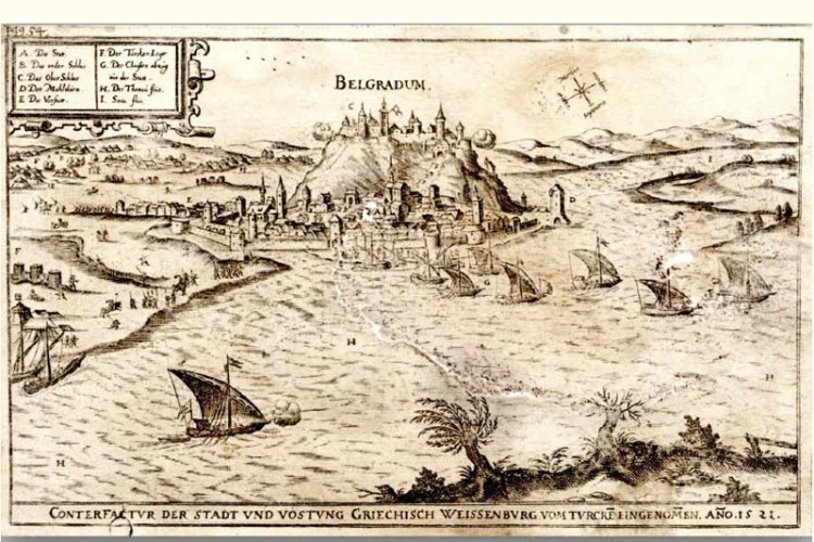 Ortelijus Abraham,"Panorama i ratna scena zauzimanja Beograda 1521. godine", litografija, Istorijski arhiv Beograda